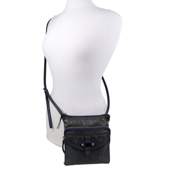 PERLINA DARK GRAY GENUINE LEATHER X-BODY ORGANIZER SHOULDER BAG HANDBAG PURSE - Picture 2 of 13